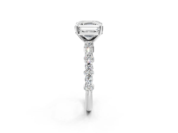 1 Carat Asscher Cut White gold Diamond Side Stone Solitaire Ring with Round and Four-Prong Setting