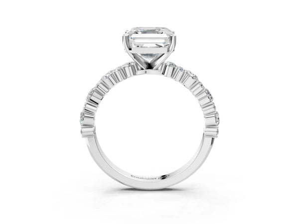 1 Carat Asscher Cut White gold Diamond Side Stone Solitaire Ring with Round and Four-Prong Setting