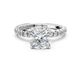 White gold 1 Carat Cushion Cut  Pave Band Solitaire Ring with Four-Prong Setting