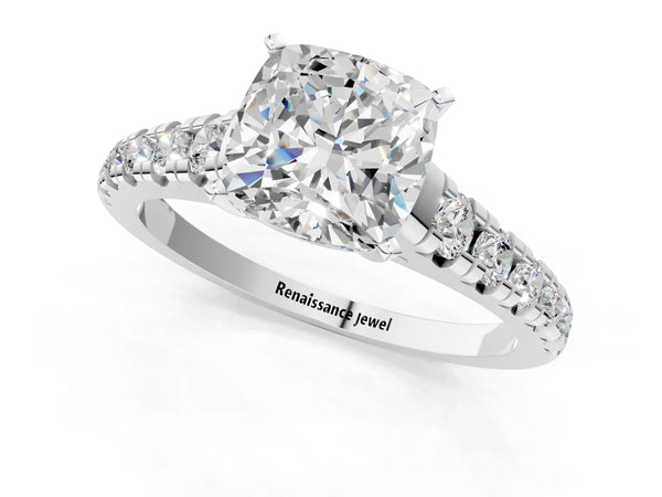 1 Carat Cushion Cut White gold Diamond Cathedral Solitaire Ring with Round  Pavé Band