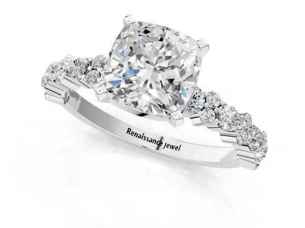 1 Carat Cushion Cut White gold Diamond Side Stone Solitaire Ring with Round and Four-Prong Setting