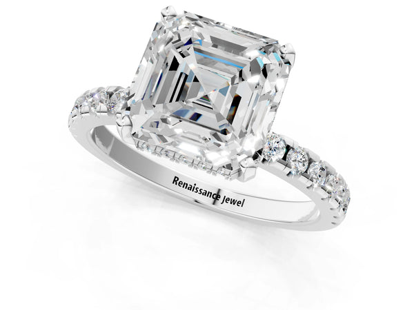 1.5 Carat Asscher Cut White gold Diamond Solitaire Ring with Round  Pavé Band and Four-Prong Setting