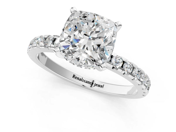 1.5 Carat Cushion Cut White gold Diamond Solitaire Ring with Round  Pavé Band and Four-Prong Setting