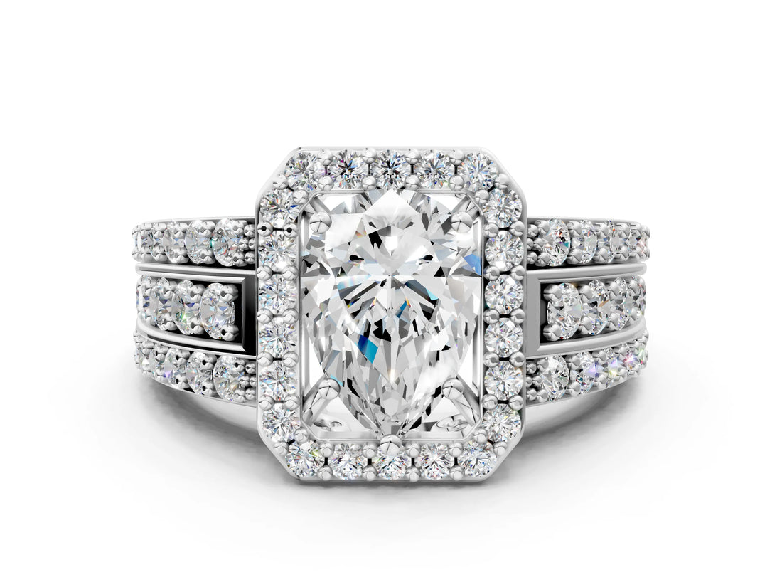 White gold 10 Carat Pear Cut Halo  Ring with Split Shank and Four-Prong Setting