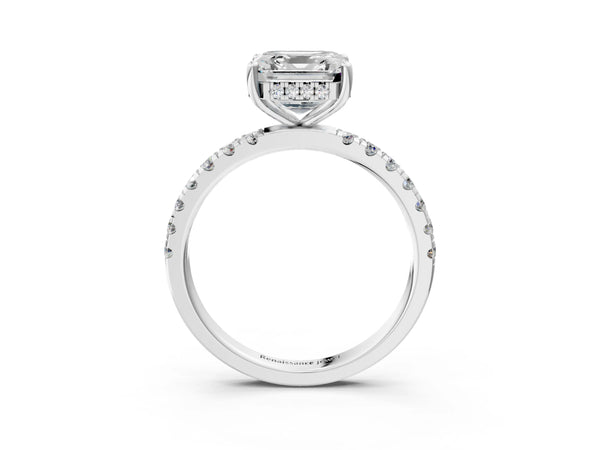 2 Carat Asscher Cut White gold Diamond Pave Band Solitaire Ring with Round  and Prong Setting