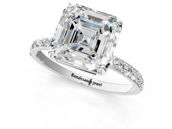 2 Carat Asscher Cut White gold Diamond Solitaire Ring with Round  Pavé Band and Prong Setting