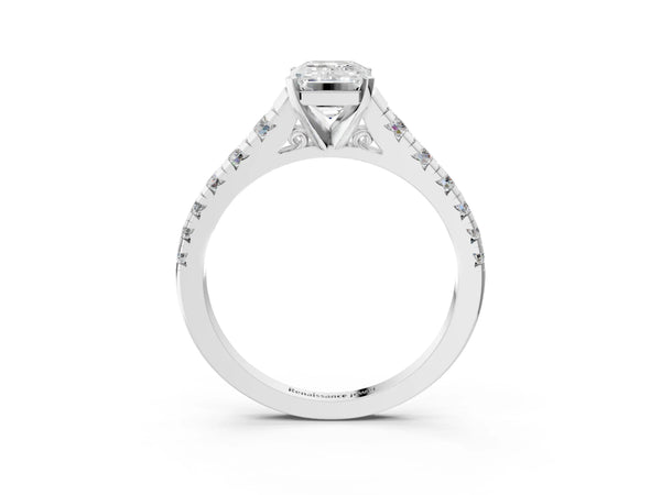 White gold 2 Carat Emerald Cut Diamond Cathedral Solitaire Ring with Round  Pavé Band
