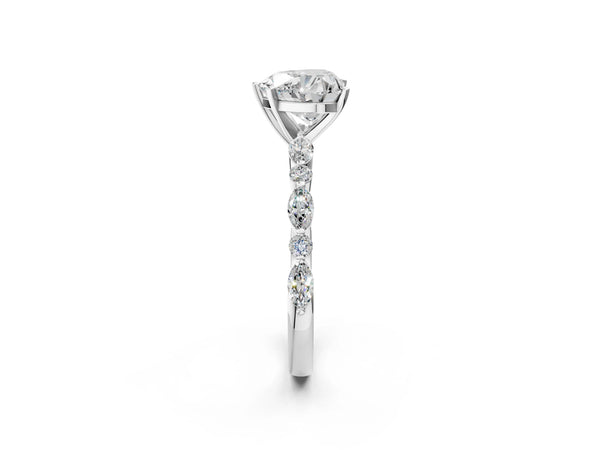 2 Carat Heart Cut White gold Diamond Ring with Marquise and Round Side Stones and Four-Prong Setting