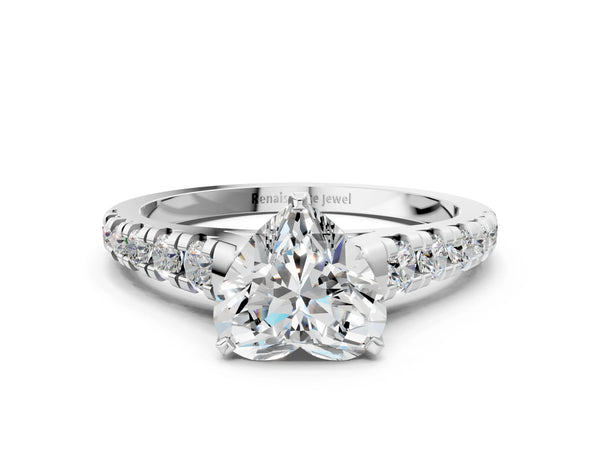 White gold 2 Carat Heart Cut Diamond Cathedral Solitaire Ring with Round  Pavé Band