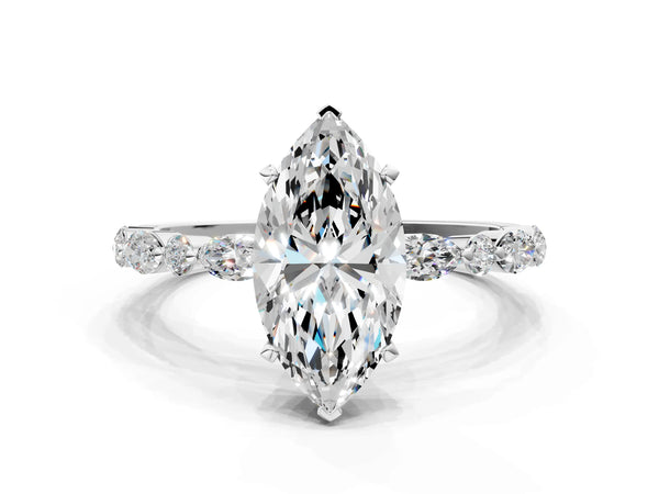 2 Carat Marquise Cut White gold Diamond Ring with Marquise and Round Side Stones and Four-Prong Setting