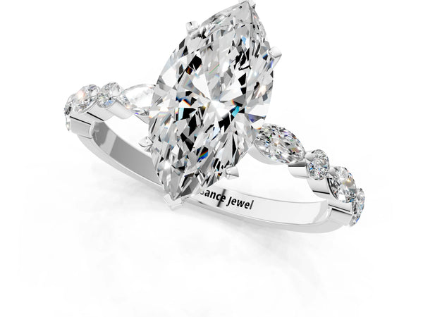 2 Carat Marquise Cut White gold Diamond Ring with Marquise and Round Side Stones and Four-Prong Setting
