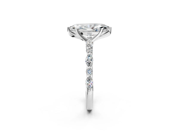 2 Carat Marquise Cut White gold Diamond Ring with Marquise and Round Side Stones and Four-Prong Setting