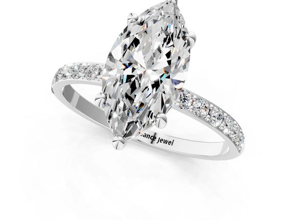 2 Carat Marquise Cut White gold Diamond Solitaire Ring with Round  Pavé Band and Prong Setting