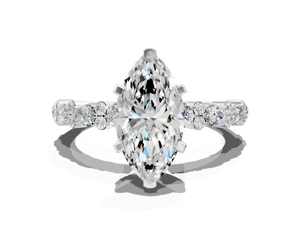 2 Carat Marquise Cut White gold Diamond Side Stone Solitaire Ring with Round and Four-Prong Setting