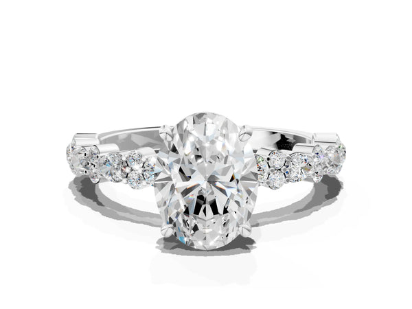 2 Carat Oval Cut White gold Diamond Side Stone Solitaire Ring with Round and Four-Prong Setting