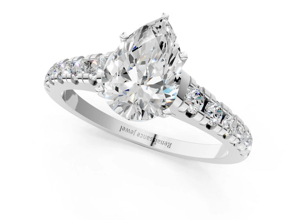 White gold 2 Carat Pear Cut Diamond Cathedral Solitaire Ring with Round  Pavé Band