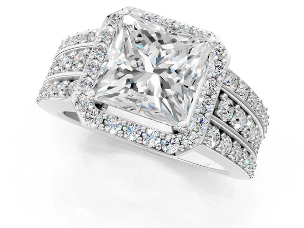 White gold 2 Carat Princess Cut Halo Diamond Ring with Round  Split Shank and Prong Setting