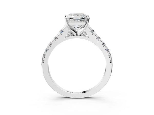 White gold 2 Carat Princess Cut Diamond Cathedral Solitaire Ring with Round  Pavé Band