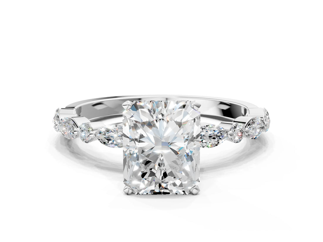 White gold 2 Carat Radiant Cut Diamond Ring with Marquise and Round  Side Stones and Four-Prong Setting_24