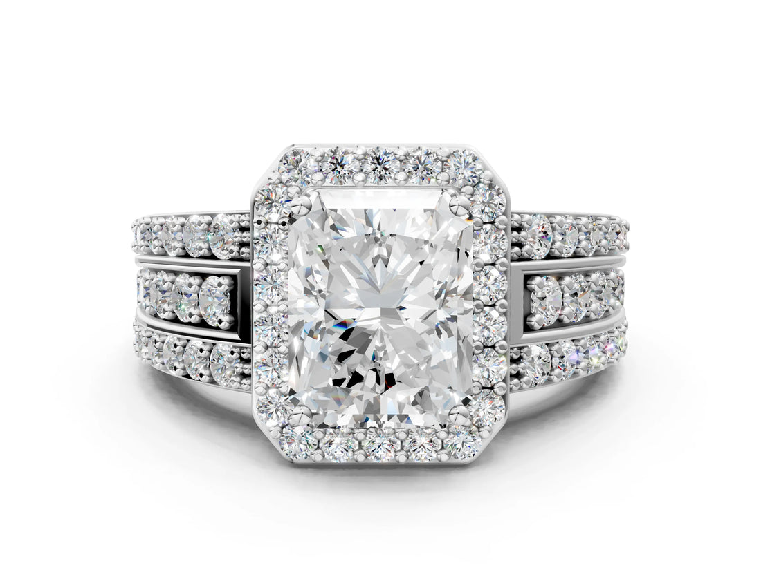White gold 2 Carat Radiant Cut Halo  Ring with Split Shank and Four-Prong Setting