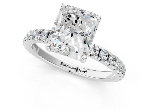 2 Carat Radiant Cut White gold Diamond Pave Band Solitaire Ring with Round  and Prong Setting