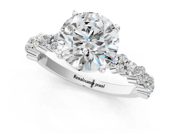 2 Carat Round Cut White gold Diamond Side Stone Solitaire Ring with Round and Four-Prong Setting