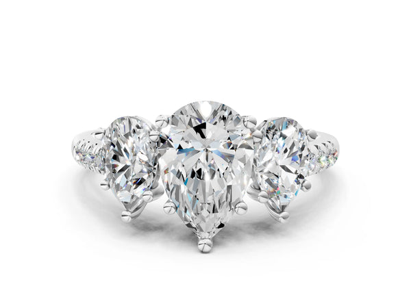 White gold 2 Carat Three-Stone Pear Cut Diamond Ring with Round  Pavé Band and Prong Setting