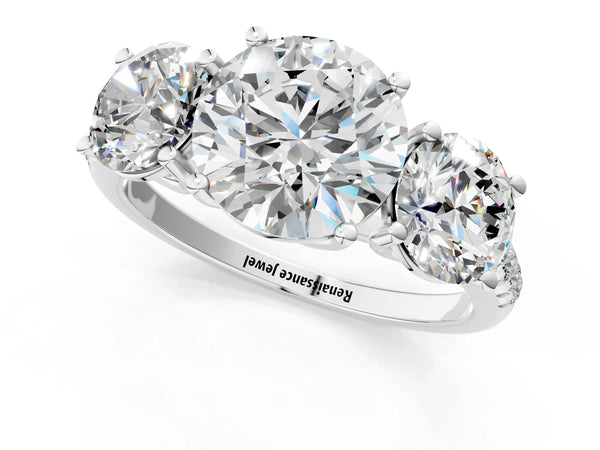White gold 2 Carat Three-Stone Round Cut Diamond Ring with Round  Pavé Band and Prong Setting