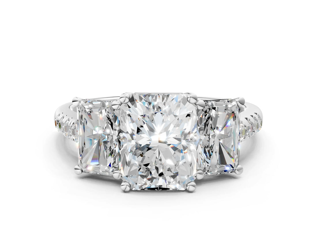 White gold 2.5 Carat Three-Stone Radiant Cut  Ring with Pavé Band and Prong Setting