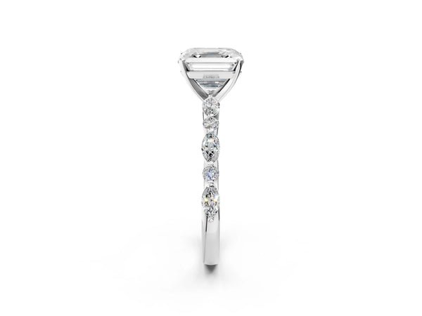 3 Carat Asscher Cut White gold Diamond Ring with Marquise and Round Side Stones and Four-Prong Setting