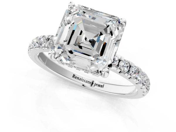3 Carat Asscher Cut White gold Diamond Pave Band Solitaire Ring with Round  and Prong Setting