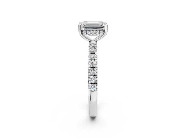3 Carat Emerald Cut White gold Diamond Pave Band Solitaire Ring with Round  and Prong Setting