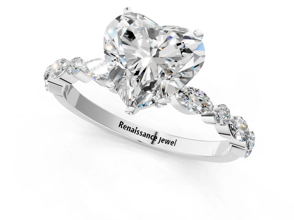 3 Carat Heart Cut White gold Diamond Ring with Marquise and Round Side Stones and Four-Prong Setting