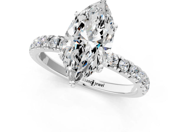 3 Carat Marquise Cut White gold Diamond Pave Band Solitaire Ring with Round  and Prong Setting