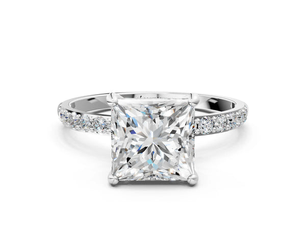 3 Carat Princess Cut White gold Diamond Solitaire Ring with Round  Pavé Band and Prong Setting