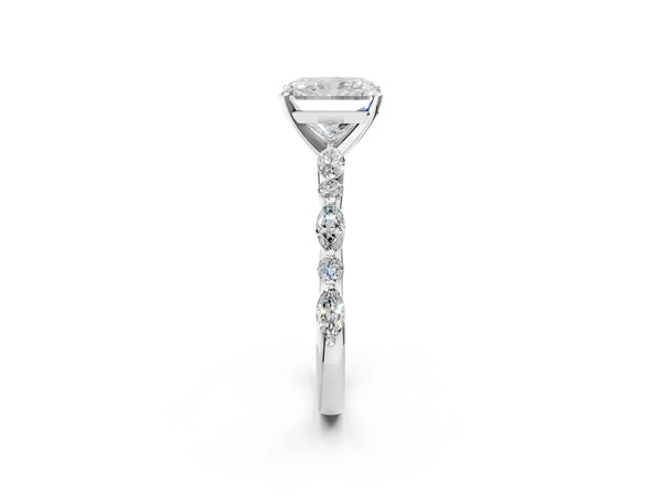 3 Carat Radiant Cut White gold Diamond Ring with Marquise and Round Side Stones and Four-Prong Setting