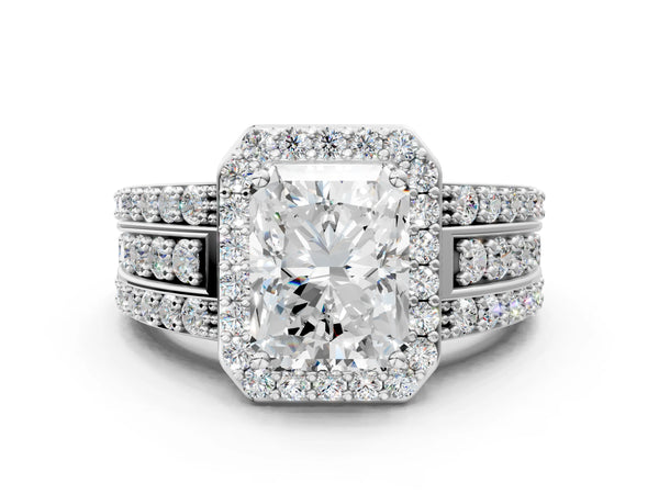White gold 3 Carat Radiant Cut Halo Diamond Ring with Round  Split Shank and Prong Setting