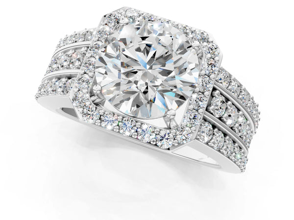 White gold 3 Carat Round Cut Halo Diamond Ring with Round  Split Shank and Prong Setting