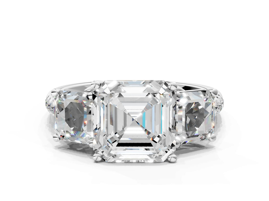 White gold 3 Carat Three-Stone Asscher Cut Diamond Ring with Round  Pavé Band and Prong Setting_48