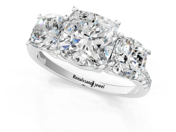 White gold 3 Carat Three-Stone Cushion Cut Diamond Ring with Round  Pavé Band and Prong Setting