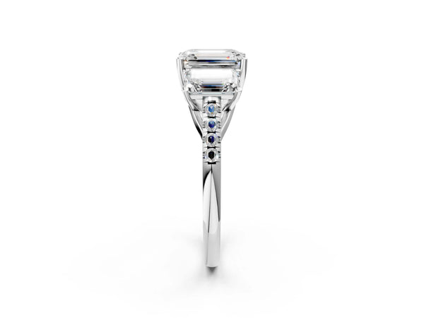White gold 3 Carat Three-Stone Emerald Cut Diamond Ring with Round  Pavé Band and Prong Setting