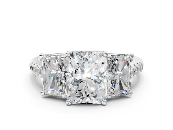 White gold 3 Carat Three-Stone Radiant Cut Diamond Ring with Round  Pavé Band and Prong Setting