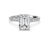 White gold 4 Carat Emerald Cut  Solitaire Ring with Pave Band and Four Prong Setting