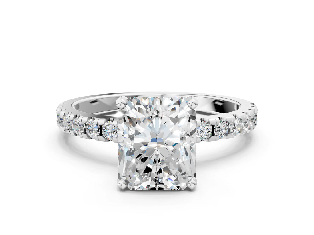 White gold 4 Carat Radiant Cut  Solitaire Ring with Pavé Band and Four-Prong Setting_12