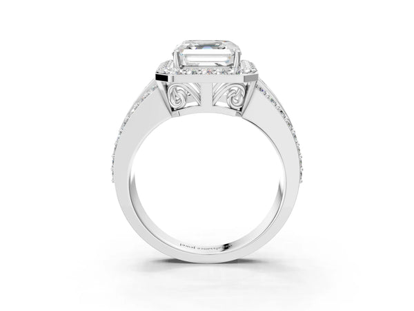5 Carat Asscher Cut White gold Halo Diamond Ring with Round  Split Shank and Prong Setting