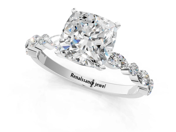 5 Carat Cushion Cut White gold Diamond Ring with Marquise and Round Side Stones and Four-Prong Setting