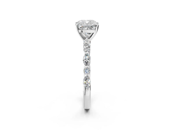 5 Carat Cushion Cut White gold Diamond Ring with Marquise and Round Side Stones and Four-Prong Setting