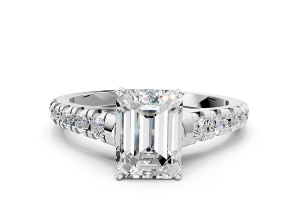 5 Carat Emerald Cut White gold Diamond Cathedral Solitaire Ring with Round  Pavé Band