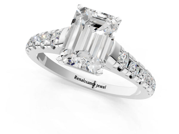 5 Carat Emerald Cut White gold Diamond Cathedral Solitaire Ring with Round  Pavé Band
