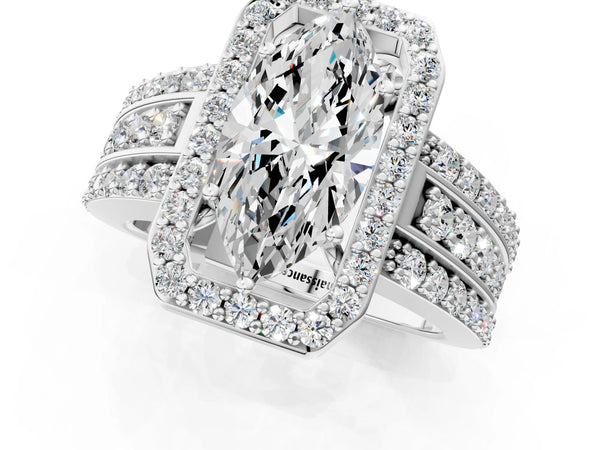 5 Carat Marquise Cut White gold Halo Diamond Ring with Round  Split Shank and Prong Setting